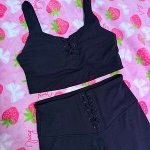 JoyLab Black Ribbed Lace-Up Sports Bra & Shorts Matching Set — Size Small Great